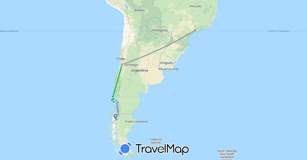 TravelMap itinerary: driving, bus, plane, cycling, boat in Brazil, Chile (South America)